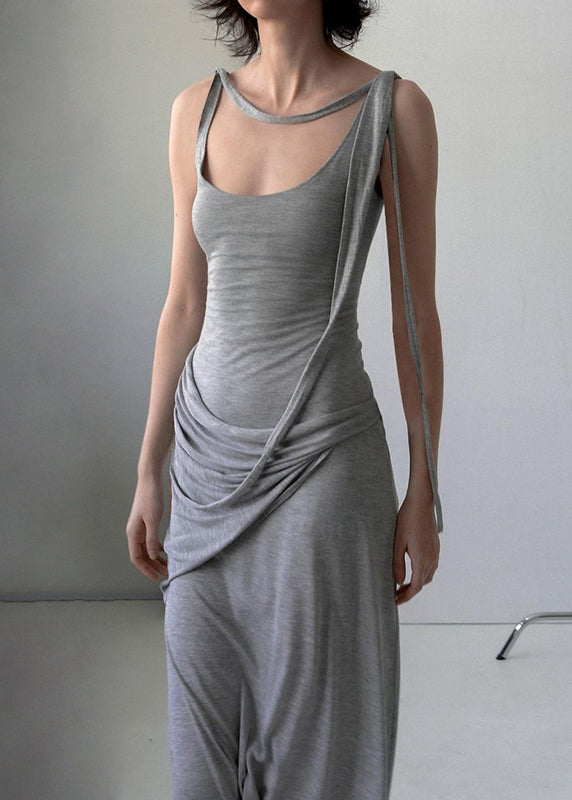 Art Grey Wrinkled Cotton Spaghetti Strap Dress Sleeveless
