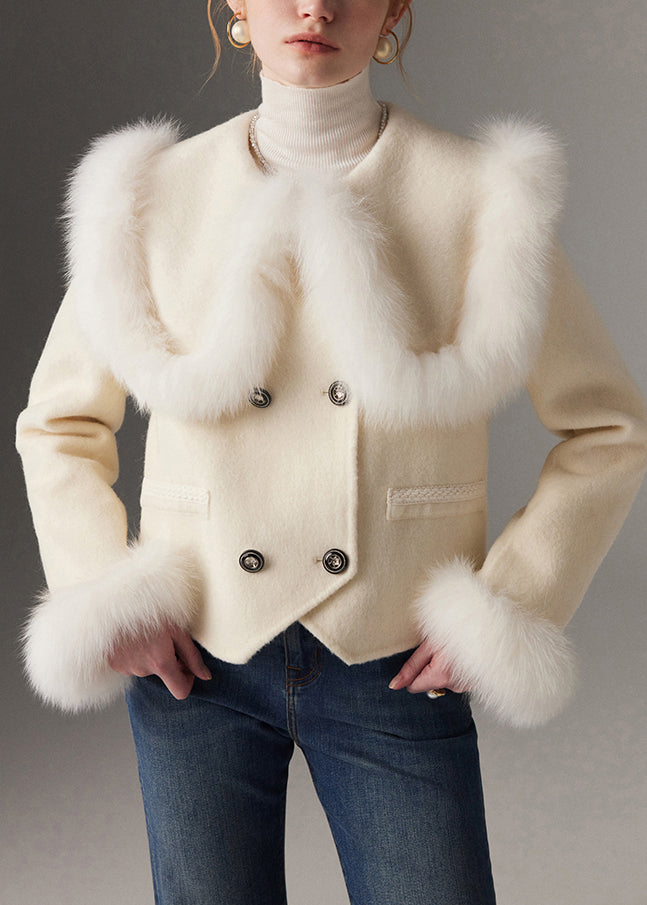 White Peter Pan Collar Patchwork Fox Fur Wool Coat Winter