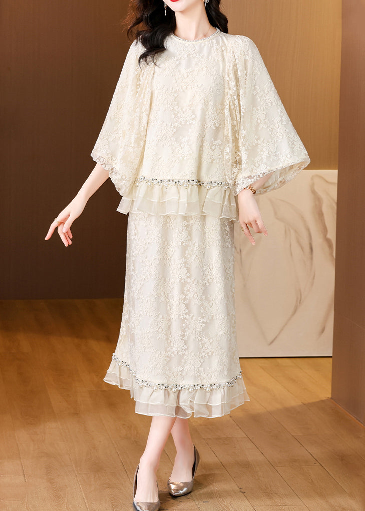 Beige Embroidered Nail Bead Lace Two Pieces Set Spring