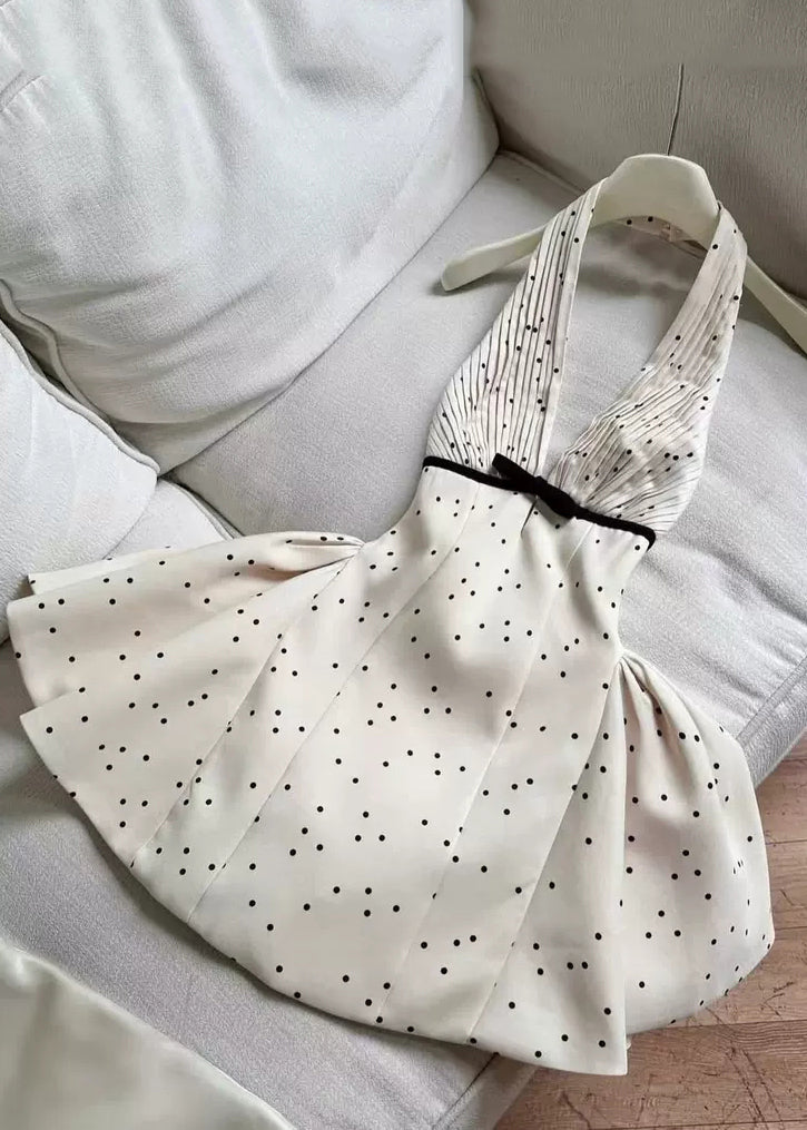 Beige V Neck Backless Dot Cotton Mini Dress Sleeveless