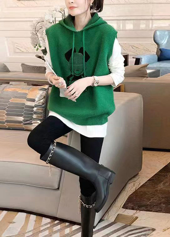 Green Hooded Patchwork Knit Vest Top Sleeveless