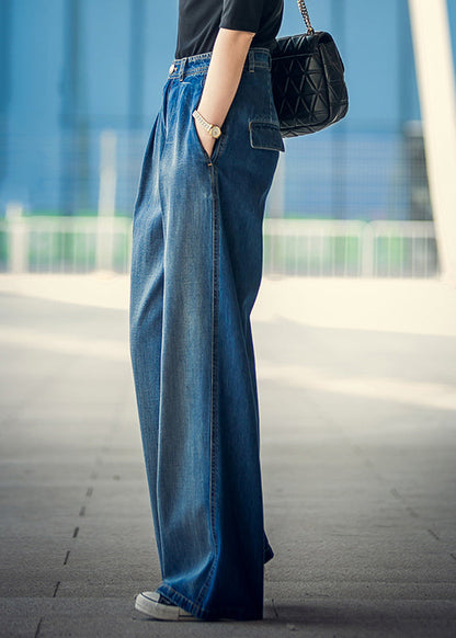 Denim Blue High Waist Pockets Button Cotton Loose Wide Leg Pants Spring