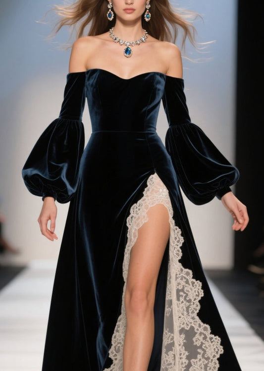 Cold Shoulder Lace Patchwork Velvet Dresses Fall