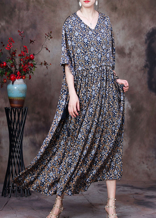Blue Print V Neck Drawstring Silk Long Dresses for Half Sleeve