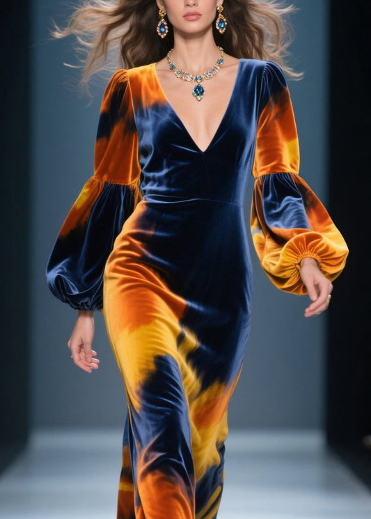 V Neck Tie Dye Velvet Long Dress Lantern Sleeve