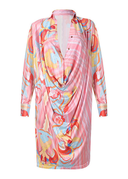 Peter Pan Collar Asymmetrical Design Leopard Print Chiffon Mid Dress Long Sleeve