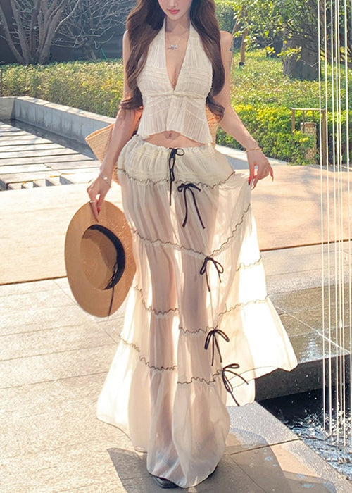 White V Neck Bow Wrinkled Chiffon Two Pieces Set Sleeveless