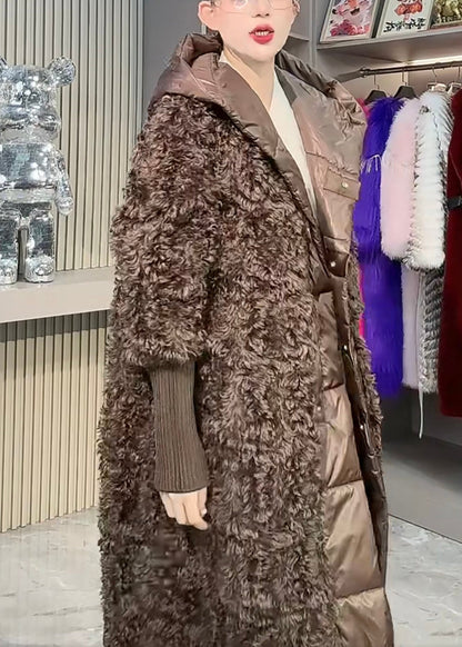Coffee Button Patchwork Leather and Fur Winter Coat Hooded