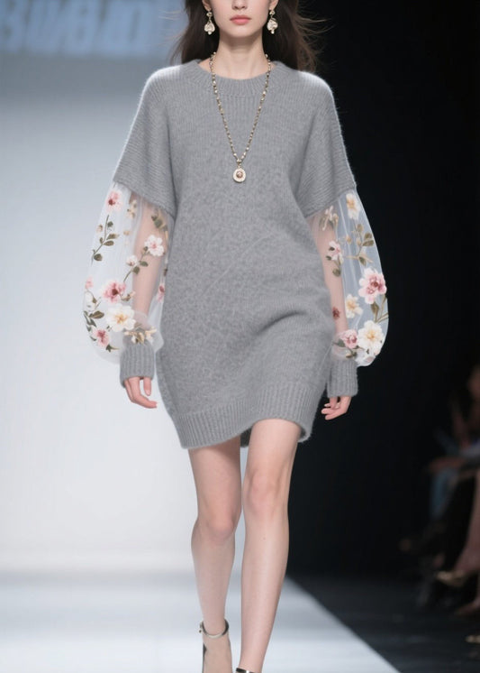 Grey O Neck Tulle Patchwork Knit Dress Winter