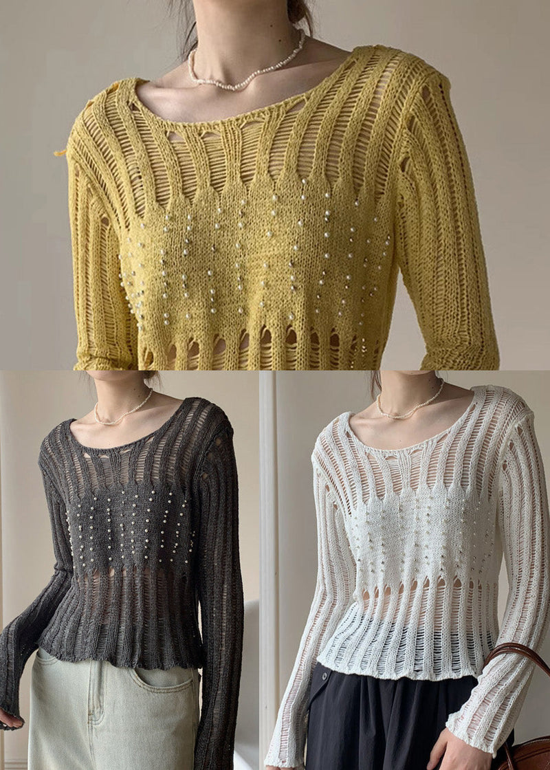 White Hollow Out Nail Bead Knit Sheer Tops Fall