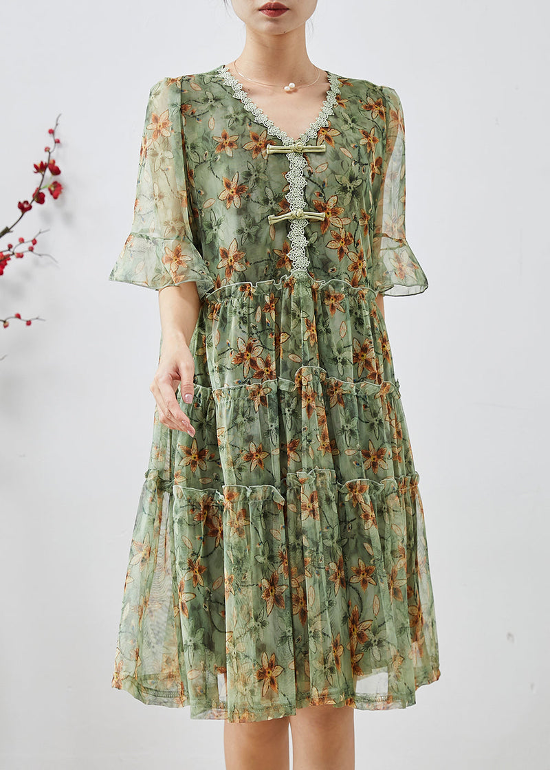 Stylish Green Ruffled Print Chiffon Vacation Dress Summer