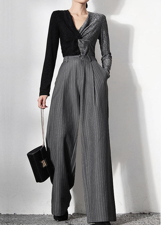 Grey Striped Pockets Wide Leg Pants Spring