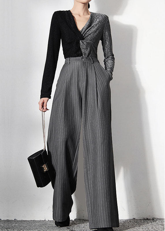 Grey Striped Pockets Wide Leg Pants Spring