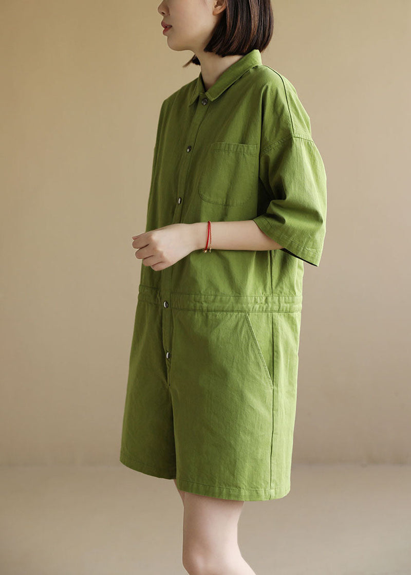 French Green Button Peter Pan Collar Pocket Cotton Jumpsuit Half Sleeve