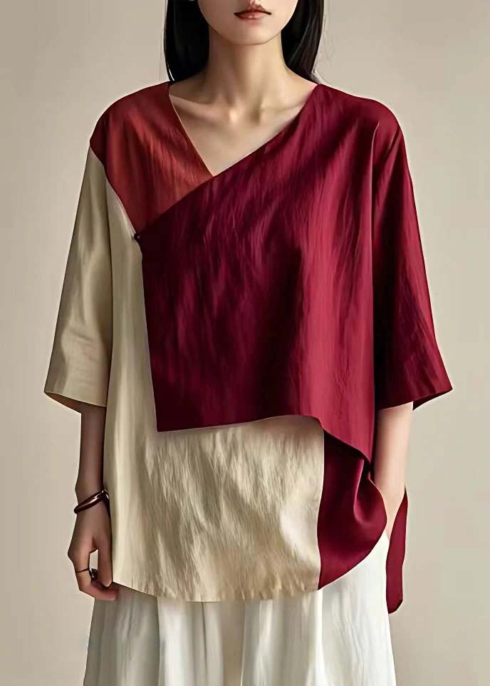 French Wine Red Asymmetrical Patchwork Cotton Top Bracelet Sleeve