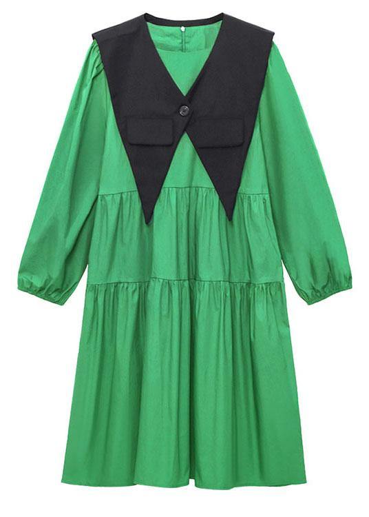 Green O-neck Button Zippered Fall Dress Long Sleeve