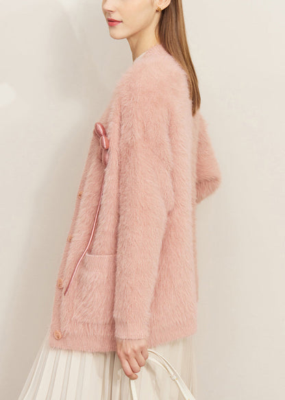 Pink Pockets Mink Velvet Cardigan V Neck Winter