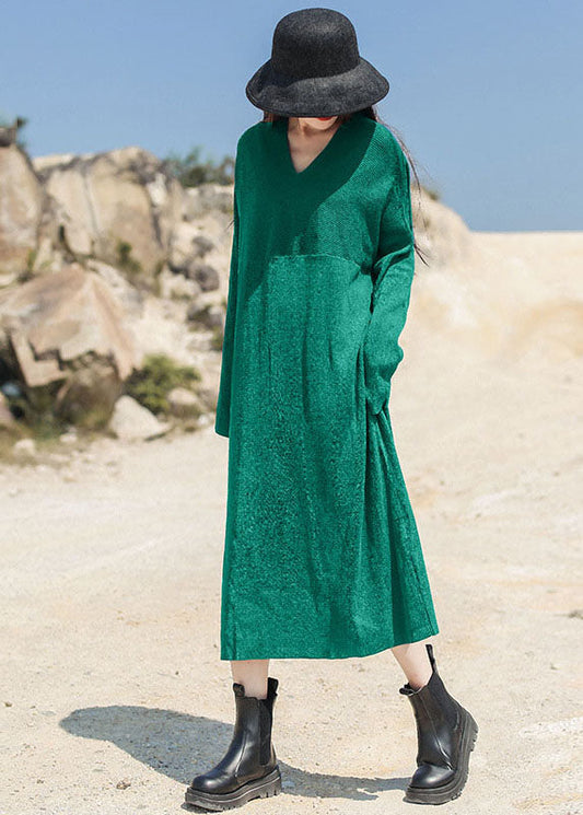 Green V Neck Patchwork Knit Maxi Dress Spring