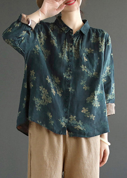 Dark Blue Peter Pan Collar Print Linen Shirt Long Sleeve