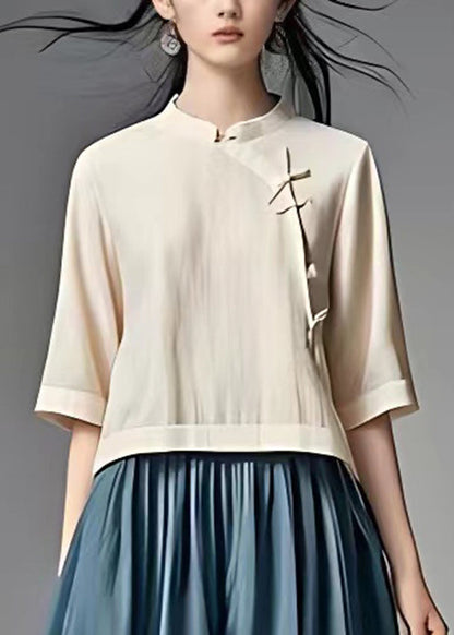 New Beige Tops and Blue Skirts Cotton Two Piece Set Half Sleeve