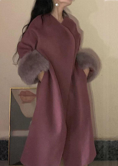 Lotus Root Pink Color O-neck Woolen Maxi Coats Long Sleeve