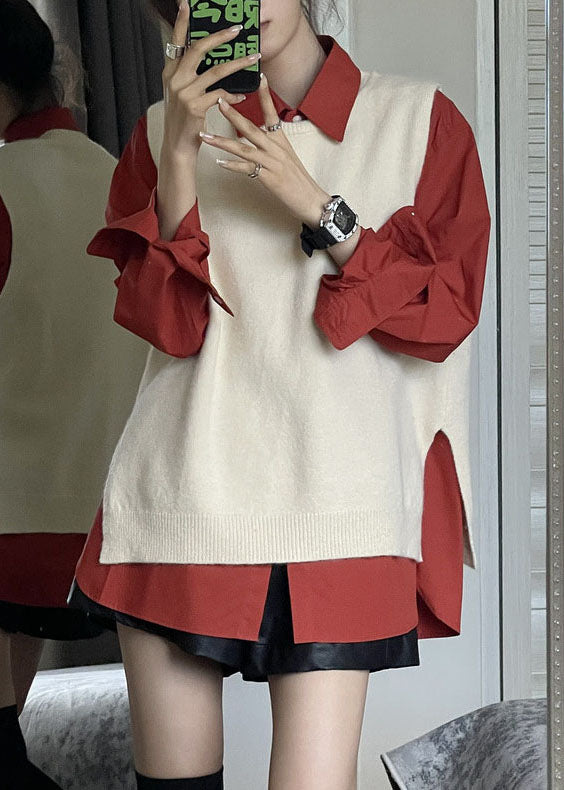 Side Open Apricot Knit Waistcoat and Red Shirts Two Pieces Set Fall