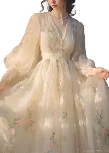 Beige V Neck High Waist Tulle Maxi Dresses Long Sleeve