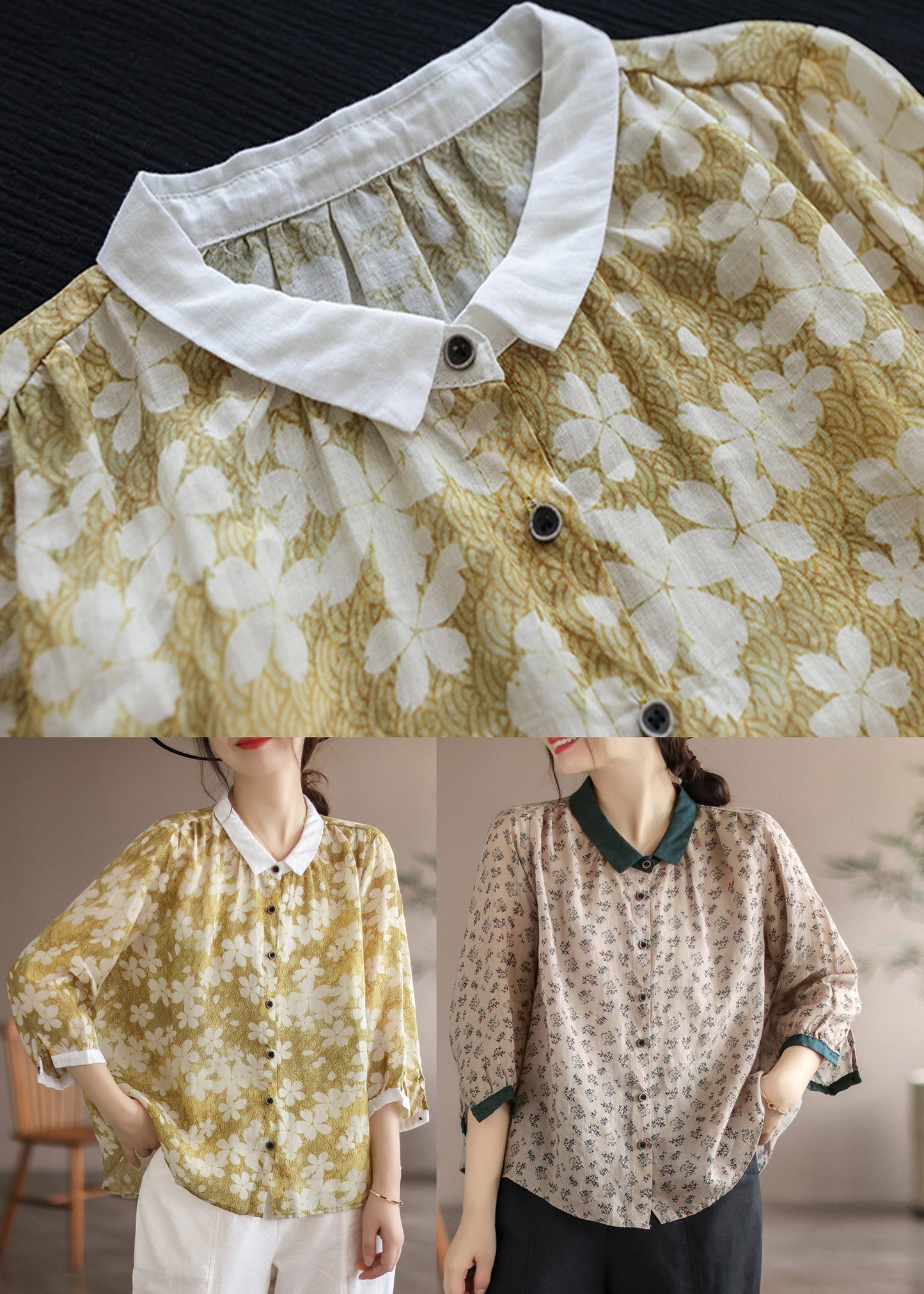 Yellow Peter Pan Collar Print Linen Shirt Long Sleeve
