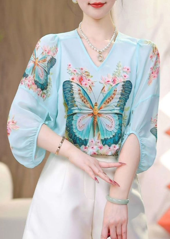 Blue O-neck Butterfly Print Chiffon Shirts Fall
