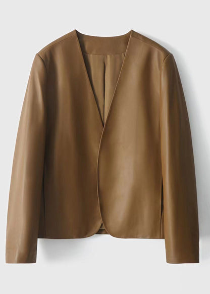 Brown V Neck Patchwork Sheepskin Coats Fall