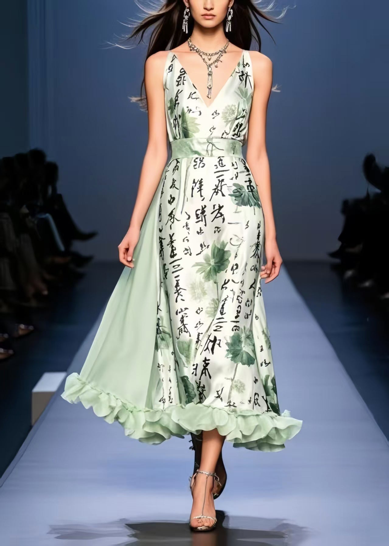 Light Green Print Exra Large Hem Silk Cami Dresses Sleeveless