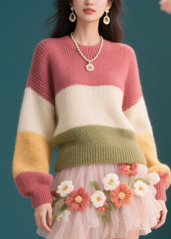 Colorblock O Neck Knit Short Sweaters Winter