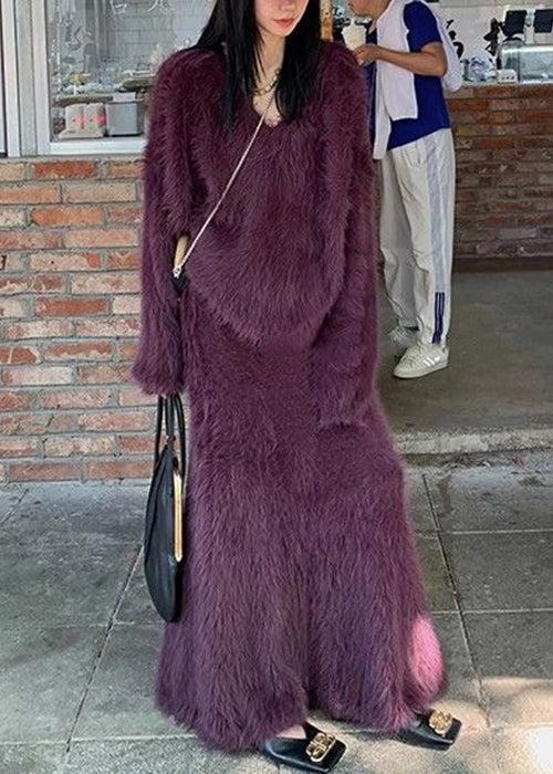 Loose Purple O-neck Tops and Skirts Mink Velvet Two Pieces Set Spring