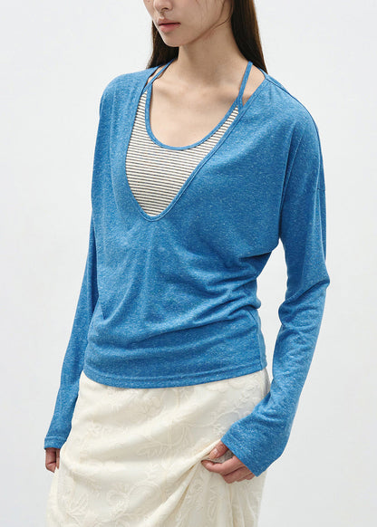 Grey False Two Pieces Patchwork Cotton T Shirts Spring