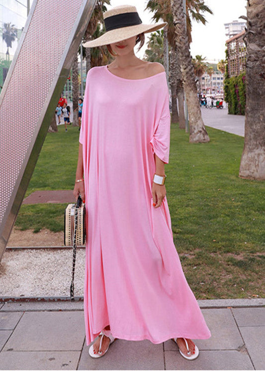 Loose Pink O-neck Cotton Long Dress Short Sleeve