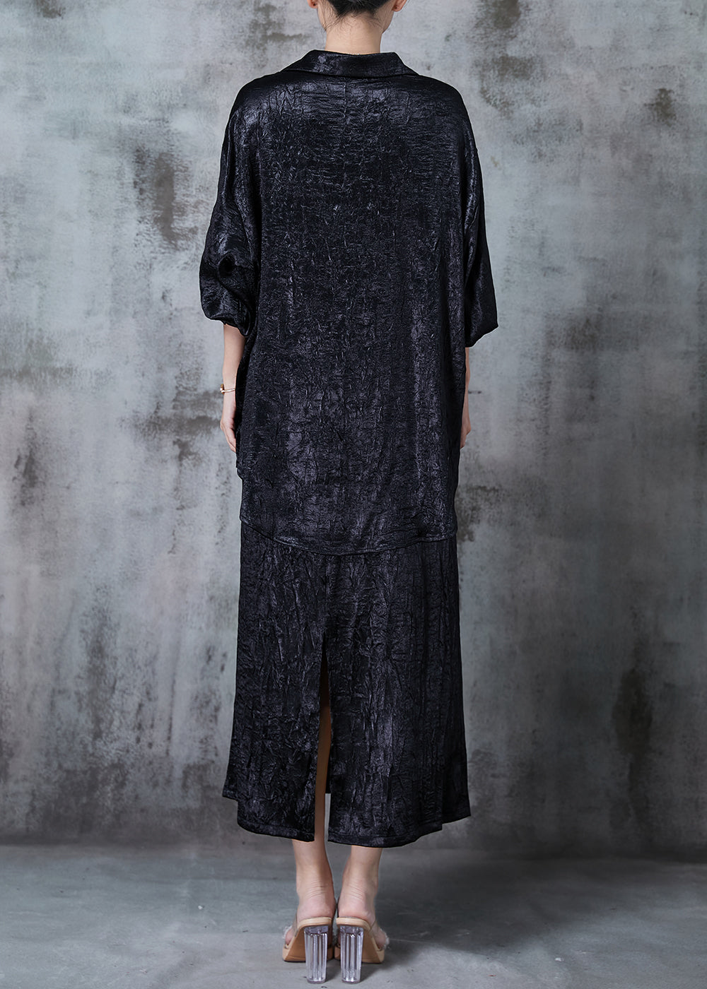 Black Silk Sets 2 Pieces Oversized Wrinkled Fall