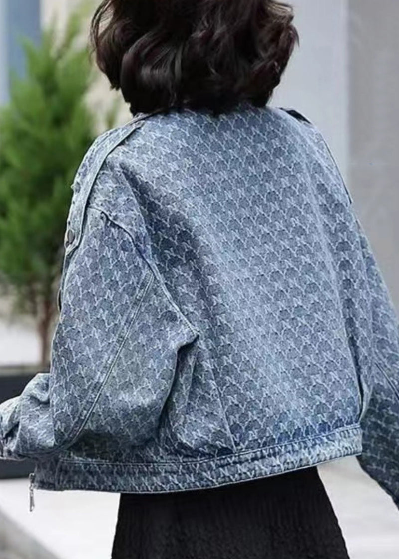 Denim Blue Notched Zippered Plaid Coat Long Sleeve