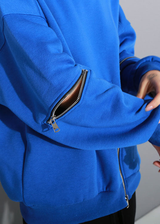 Art Blue O-neck Zippered Loose Fall Pullover Street Wear
