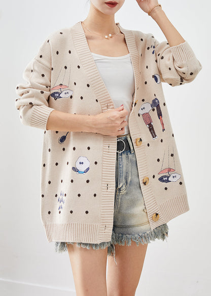 Beige Embroidered Knit Loose Coat Winter