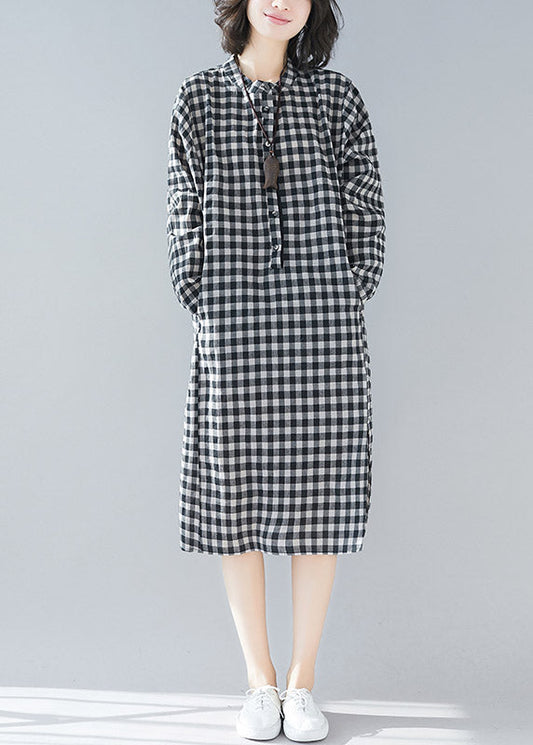 Black White Plaid Stand Collar Pockets Side Open Linen Dresses Long Sleeve