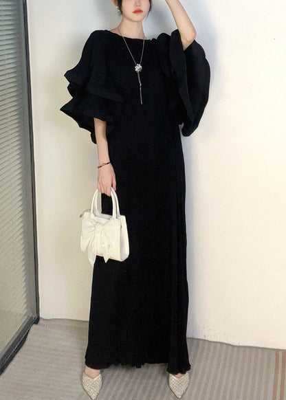Purple O Neck Wrinkled Long Dresses Butterfly Sleeve