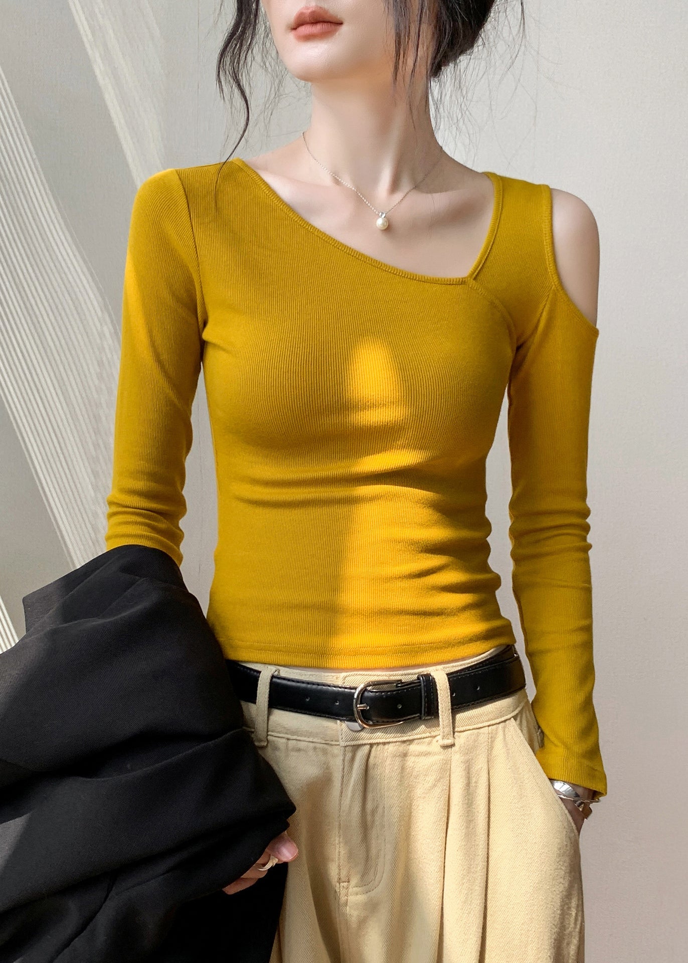 Yellow Cold Shoulder Hollow Out Cotton T Shirt Fall