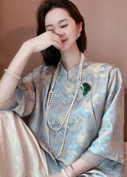 Original Design Light Blue Tulle Patchwork Jacquard Cotton Blend Shirts Half Sleeve