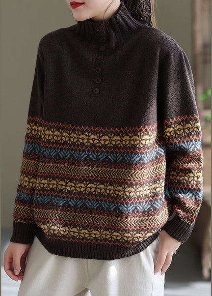 Chocolate Turtle Neck Print Knit Short Sweater Spring