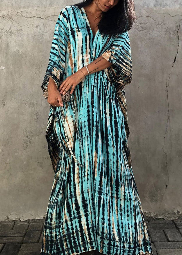 Green V Neck Striped Print Beach Dress Summer
