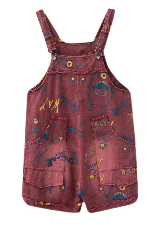Red Slash Neck Print Patchwork Denim Jumpsuit Summer