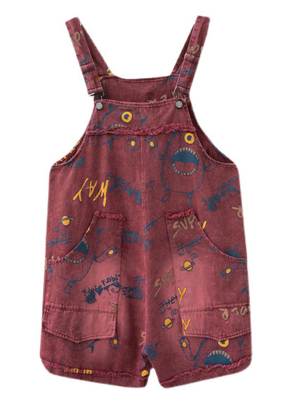 Red Slash Neck Print Patchwork Denim Jumpsuit Summer