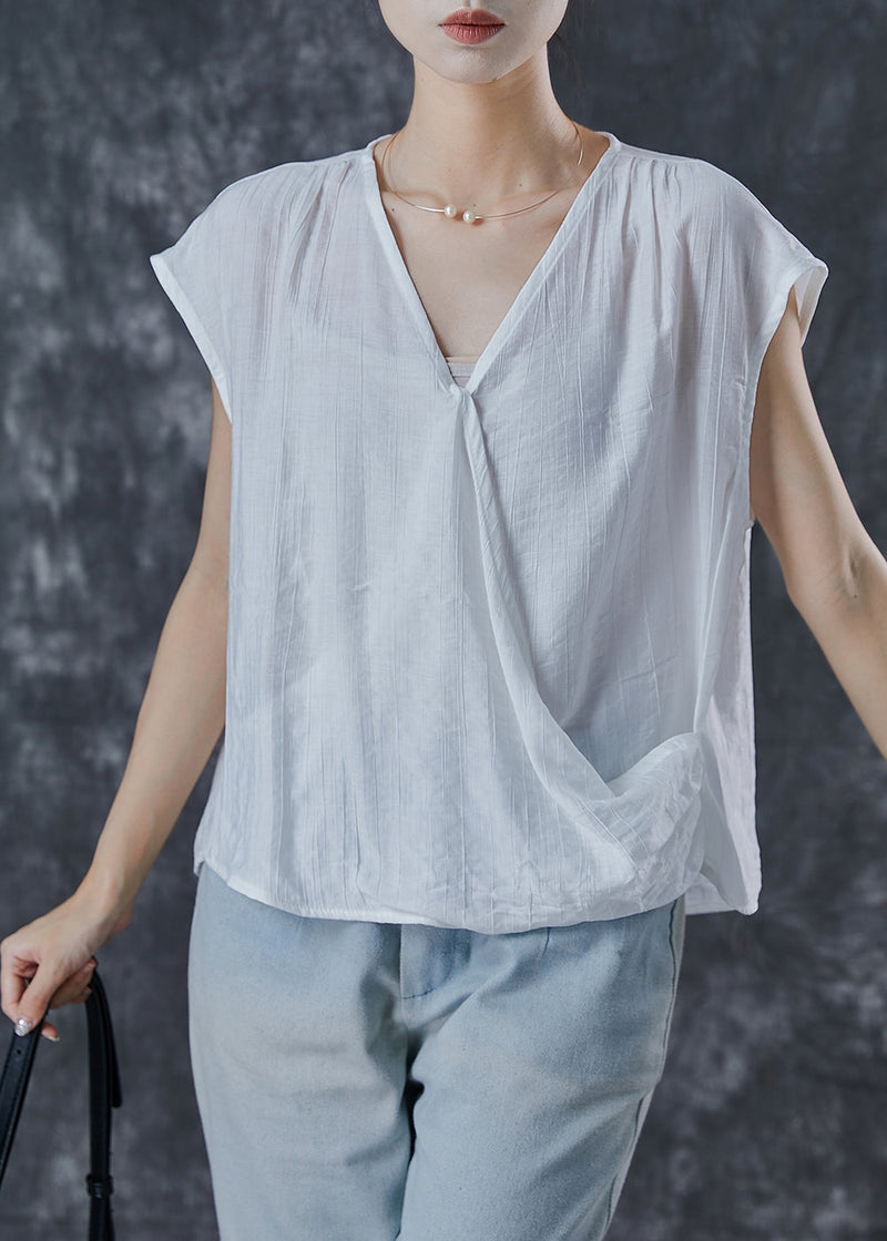 White V Neck Wrinkled Linen Tops Summer
