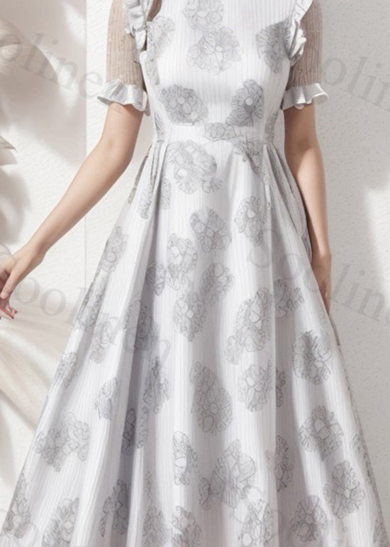 Beige Ruffled Print Silk Long Dresses Summer