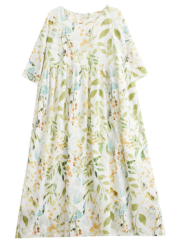 Organic Light Green O-neck Print Wrinkled Maxi Dress Half Sleeve